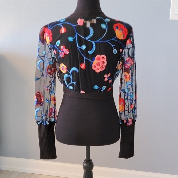 NEW COSMOPOLITAN x DRESS THE POPULATION MESH FLORAL BLACK LONG SLEEVE CROP TOP - Picture 10 of 15